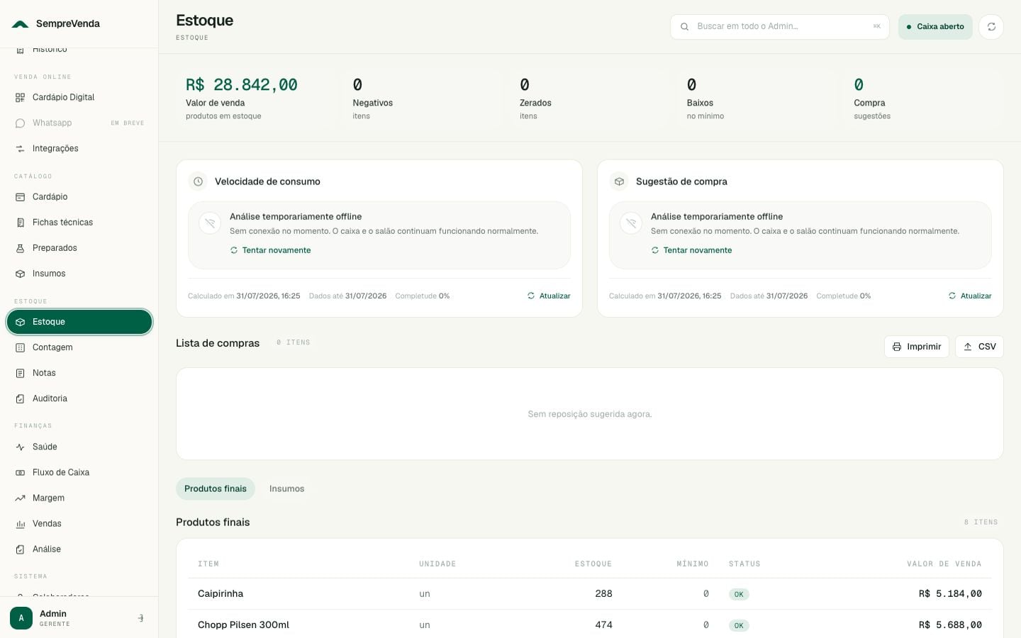 The stock screen listing finished products with unit counts, minimums and sale values, above a purchase list.